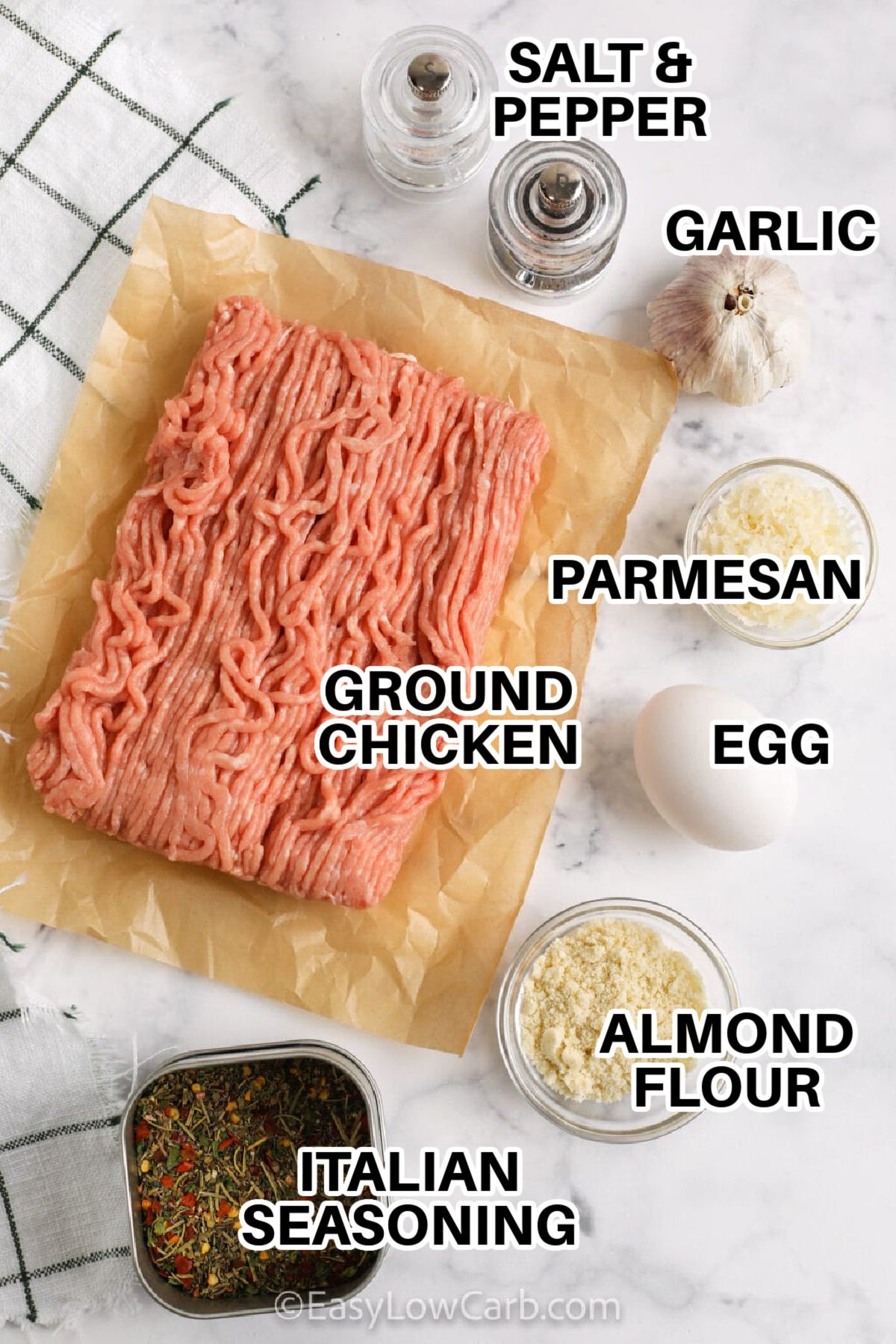 These keto baked chicken meatballs are packed with flavor from Italian seasoning, parmesan, and fresh garlic, all held together with almond flour instead of breadcrumbs. Baking them on a sheet pan helps them cook evenly while you prep sides or sauces. Serve them with marinara, Alfredo, or a simple tomato basil sauce for an easy low carb dinner. They are also great tucked into lettuce wraps or layered over veggie noodles. #easylowcarb ground chicken , italian seasoning , almond flour , egg , parmesan , garlic , salt and pepper with labels to make Chicken Meatballs