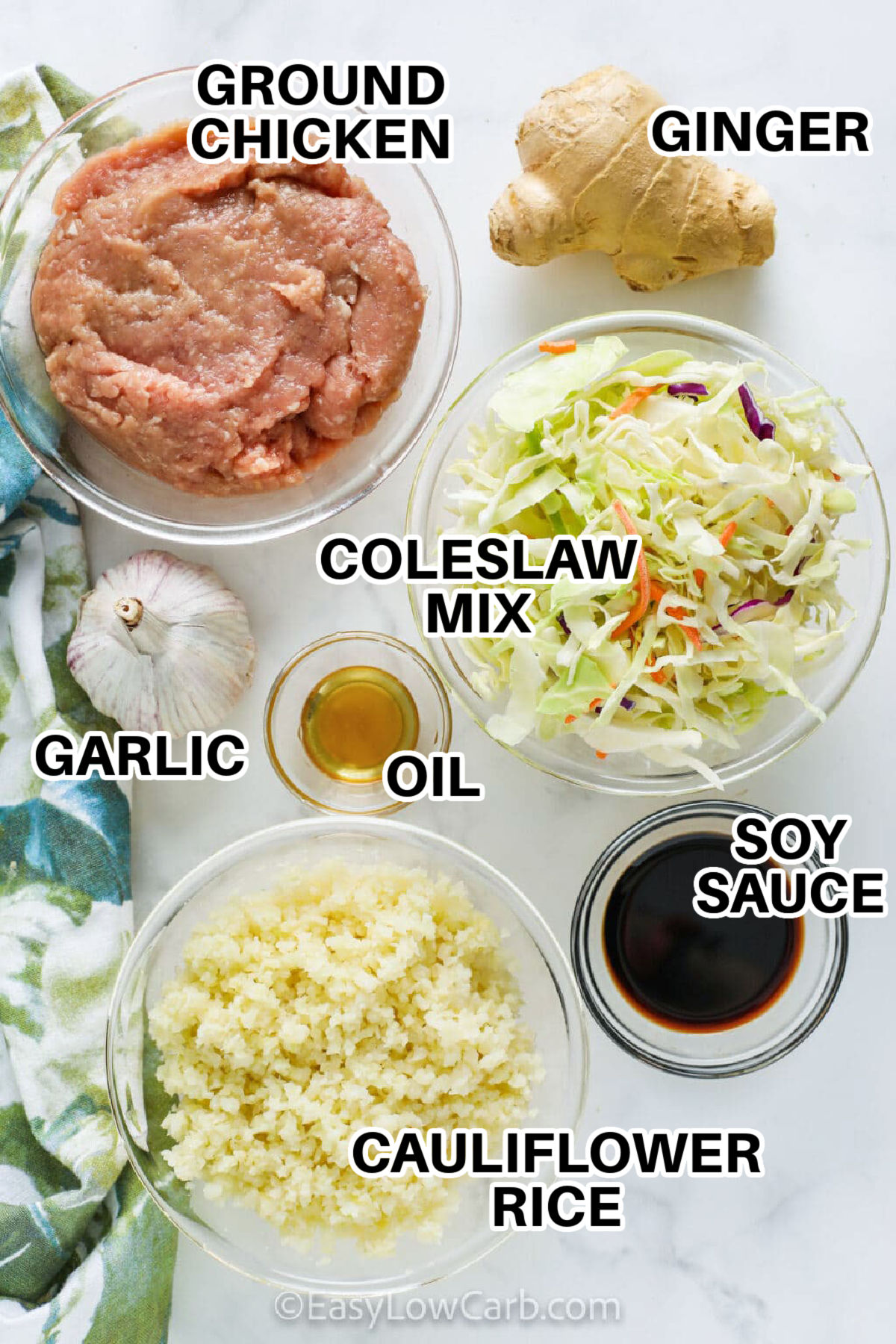 This cabbage stir fry is a quick low carb dinner made in one skillet with ground chicken, garlic, fresh ginger, and a light sesame finish. Coleslaw mix saves time and gives you crisp-tender cabbage without shredding. Frozen cauliflower rice makes it hearty and helps soak up the savory liquid aminos or soy sauce. Serve it as a bowl meal and top with green onions or crushed peanuts for extra crunch. #easylowcarb ground chicken , ginger , coleslaw mix , garlic , oil , soy sauce and caulflower rice with labels to make Cabbage Stir Fry