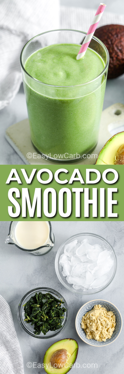 This avocado smoothie combines creamy avocado, fresh or frozen spinach, almond milk, and vanilla protein powder for a nourishing drink that comes together in minutes. Ice adds a refreshing chill, making it great for warm days or post-workout recovery. The ingredients blend smoothly and create a balanced mix of flavor and nutrition. It is a great option for busy mornings or healthy snacking throughout the day. #easylowcarb avocado smoothie and ingredients with text