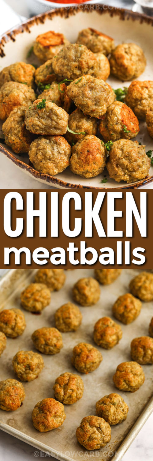 These baked chicken meatballs are perfect for anyone looking for a gluten free or low carb option that still tastes like classic comfort food. Ground chicken, egg, parmesan, and Italian seasoning create a flavorful base while almond flour adds structure without breadcrumbs. Bake them until cooked through and serve with marinara, zucchini noodles, or simple sautéed greens. They are quick enough for weeknights and sturdy enough for meal prep. #easylowcarb Chicken Meatballs on a sheet pan and in a bowl with a title