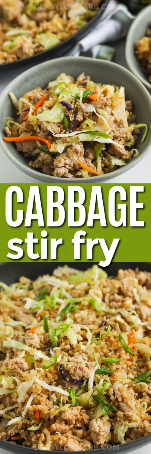 This low carb cabbage stir fry is perfect for busy nights because the prep is almost done for you. Bagged slaw and frozen cauliflower rice cook quickly with ground chicken, garlic, and ginger. The seasoning stays simple and flexible with liquid aminos or soy sauce, plus toasted sesame oil for aroma. It reheats well for lunches and makes an easy bowl meal with optional green onions and peanuts. #easylowcarb Top image - a bowl of cabbage stir fry. Bottom image - cabbage stir fry in the the skillet with a title