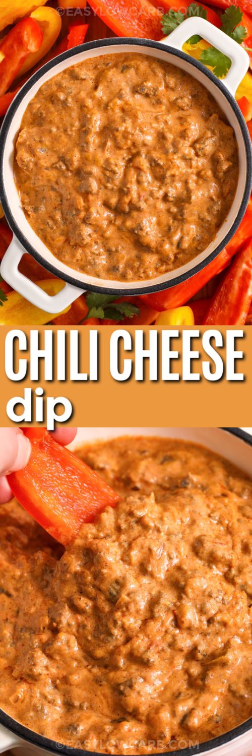 This keto chili cheese dip is rich, creamy, and packed with flavor from seasoned beef and tangy salsa. Cream cheese creates a smooth base, while sharp cheddar adds a bold, melty finish. It is perfect for dipping low carb tortilla chips, cucumbers, or pepper strips, and it can stay warm in a small slow cooker for gatherings. Use thicker salsa for a dip that holds up on the table. #easylowcarb plated Chili Cheese Dip and close up photo of dipping a sliced pepper in dip with a title