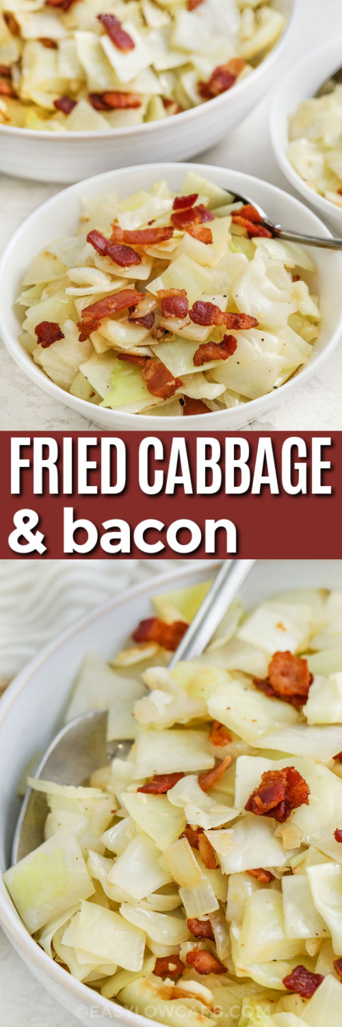 Make fried cabbage with bacon for a satisfying stovetop side dish. Smoky bacon, sautéed onions, garlic, and tender cabbage are cooked until soft and flavorful. This easy low-carb recipe comes together in about 30 minutes and uses just one skillet. It is a great way to use budget-friendly ingredients while creating a cozy, flavorful dish that fits into everyday cooking. Perfect for pairing with roasted meats or weeknight meals. #easylowcarb two pictures of fried cabbage in a bowl with a spoon and writing