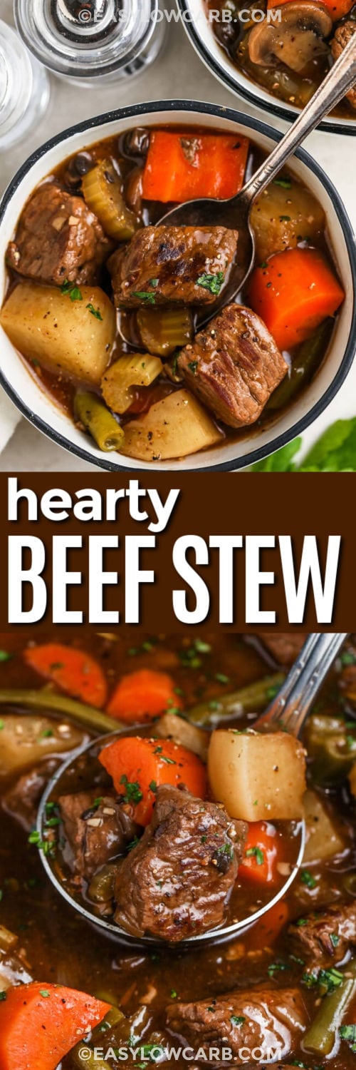 hearty Low Carb Beef Stew in a bowl and close up photo with a title