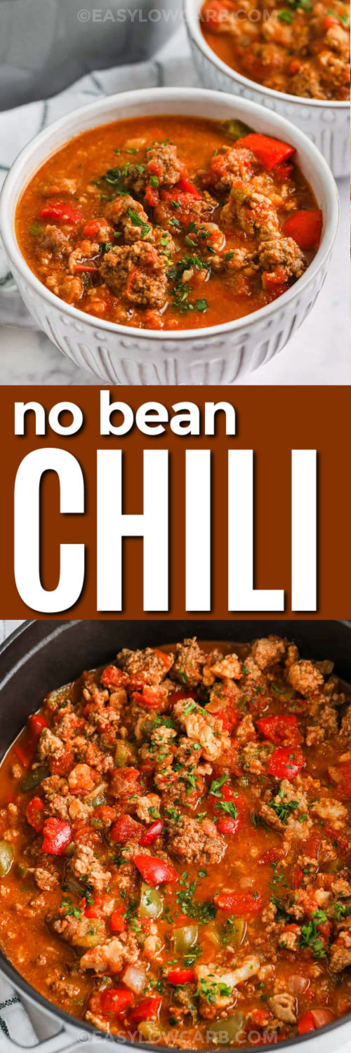 This low carb chili brings together beef, turkey, diced tomatoes, and cauliflower for a flavorful and satisfying low-carb meal. Blending part of the cauliflower creates a thick, cozy texture without flour or beans, while peppers and garlic build layers of flavor. It’s a one-pot stovetop recipe that’s ideal for easy dinners, weekly meal prep, or freezing for later. Serve it hot with your favorite toppings for a comforting bowl. #easylowcarb Low Carb Chili in the pot and in bowls with a title
