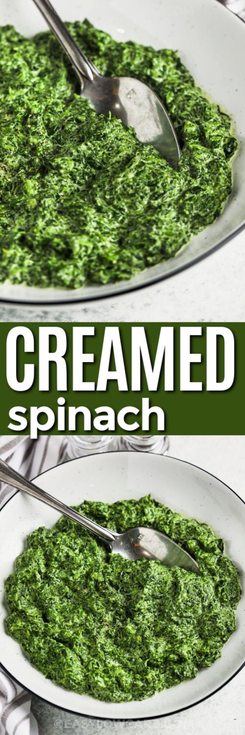 This recipe for Creamed Spinach creates a rich and velvety side dish made with tender spinach coated in a thick cream sauce. Heavy cream simmers with garlic powder, onion powder, and nutmeg to develop warm, savory flavor. The dish comes together quickly in one skillet and pairs perfectly with steak, chicken, or pork. It is a cozy, low carb favorite that works for both weeknight meals and special occasions. #easylowcarb Recipe for Creamed Spinach in a bowl and close up photo with a title
