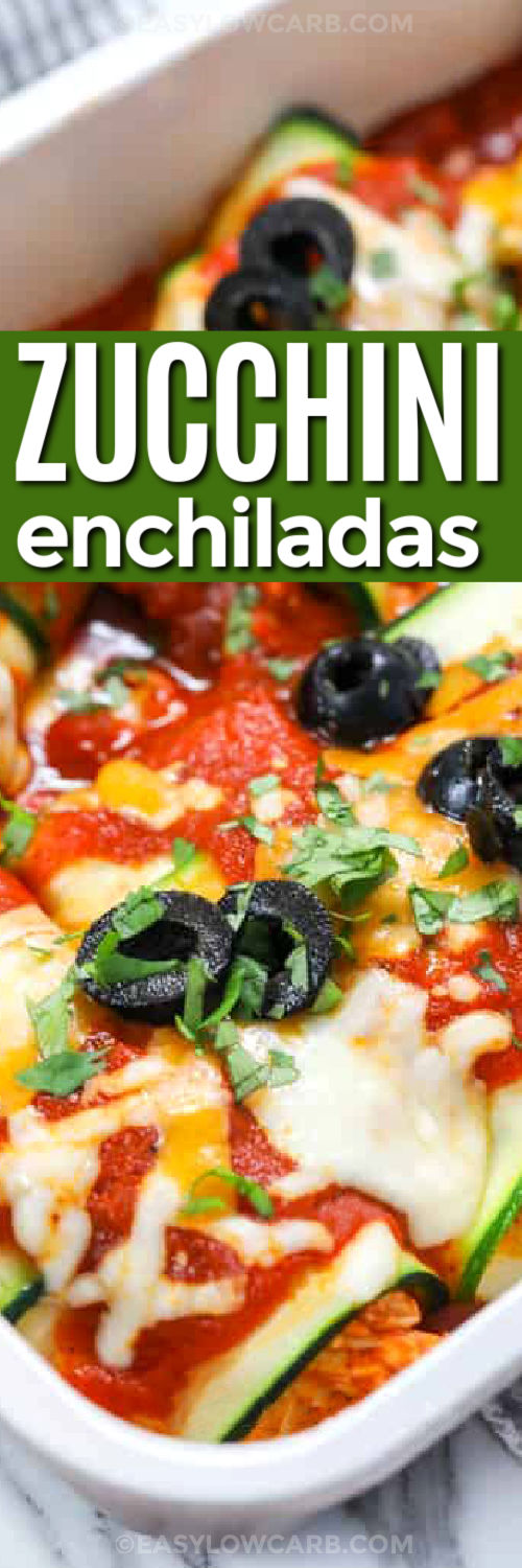 This easy low carb zucchini enchiladas recipe is made for real life, using basic ingredients and a no-fuss method. Start by cutting fresh zucchini into thin strips, then cook shredded chicken with enchilada sauce and roll the filling into the zucchini slices. Nestle them into a baking dish, and cover with more sauce and cheese. Bake until hot and bubbly and you have a satisfying, gluten free meal. It’s light, yet comforting in every bite. #easylowcarb close up of Zucchini Enchiladas with title
