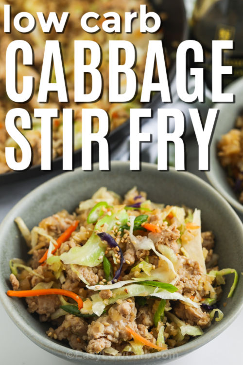 Make this cabbage stir fry with coleslaw mix for a fast weeknight recipe that tastes fresh and savory. Brown ground beef or chicken first for deep flavor, then stir in cauliflower rice and most of the slaw so the moisture cooks off. Add the last bit of cabbage at the end to keep the texture crisp-tender. Finish with soy sauce or liquid aminos and a drizzle of toasted sesame oil for a simple, satisfying skillet dinner. #easylowcarb A bowl of cabbage stir fry with a title