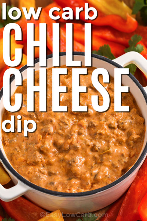 This Chili Cheese Dip is a cozy, melty skillet dip made with seasoned ground beef, low-carb salsa, cream cheese, and shredded cheddar. It comes together quickly and tastes like a beefy queso without needing processed cheese. Serve it warm with low-carb tortilla chips, cheese crisps, or crunchy veggies like bell peppers and celery. Keep the heat on low while melting the dairy in order to get the smoothest, creamiest texture. #easylowcarb low carb Chili Cheese Dip with writing
