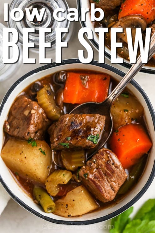 plated Low Carb Beef Stew with writing