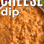 Chili Cheese Dip with sliced peppers and a title