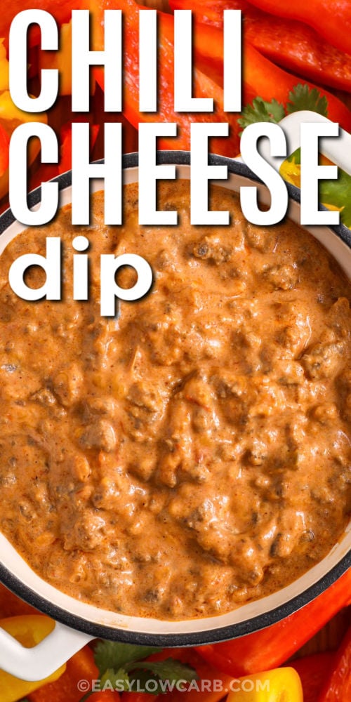 Make low carb Chili Cheese Dip in one pan for an easy game day appetizer or snack dinner. Brown the ground beef, stir in chili powder and cumin, then melt in salsa and cream cheese until smooth. Finish with cheddar off the heat for the best melt and flavor. This creamy beef dip is easy to double for parties and reheats well with a splash of water or broth to keep it scoopable. #easylowcarb Chili Cheese Dip with sliced peppers and a title