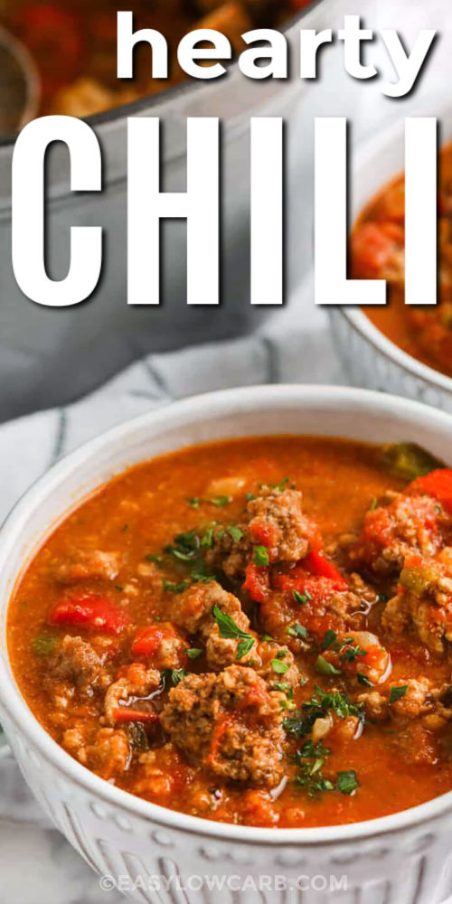 This low carb chili delivers classic comfort with a healthy twist by using cauliflower to replace beans. A blend of beef and turkey creates a rich, savory base, while tomatoes, peppers, and chili seasoning make it flavorful. The blended cauliflower thickens the sauce naturally, keeping every bite hearty yet light. It’s simple to make, freezer-friendly, and perfect for anyone looking for a wholesome, flavorful chili. #easylowcarb hearty plated Low Carb Chili with a title