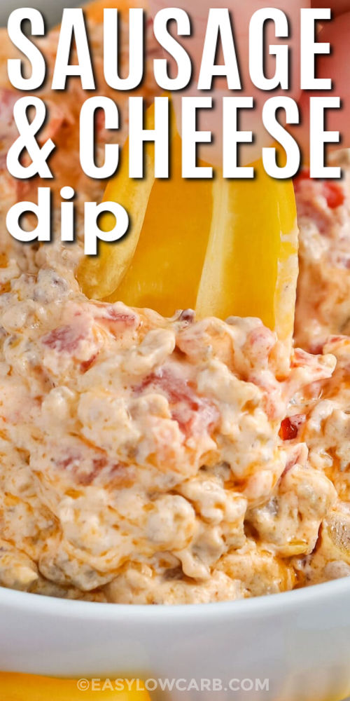 Make this easy sausage cheese dip for a warm, comforting appetizer that delivers big flavor with minimal effort. The sausage adds richness, the cream cheese creates a smooth, creamy base, and the tomatoes with green chiles bring brightness and mild heat. It cooks in one skillet and can be kept warm in a slow cooker for serving. This recipe is ideal for entertaining and always disappears fast. #easylowcarb dipping a pepper in Sausage Cheese Dip with writing