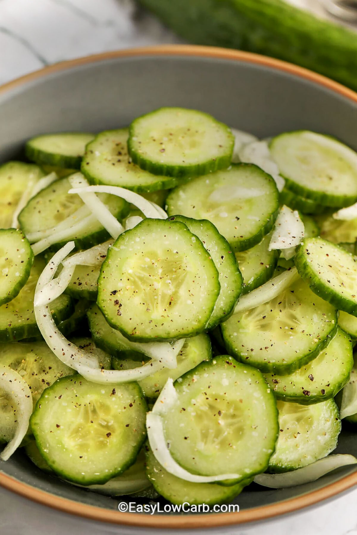 Cucumber and Onion Salad is the classic sweet-tangy side dish that fits any summer menu. Slice cucumbers and onion thin so they soak up the white wine vinegar dressing quickly, then refrigerate until cold and flavorful. This marinated cucumber and onion salad stays light and crisp, making it perfect for potlucks and BBQs. It is also meal-prep friendly, since the flavor improves as it rests in the fridge. #easylowcarb bowl of Cucumber and Onion Salad