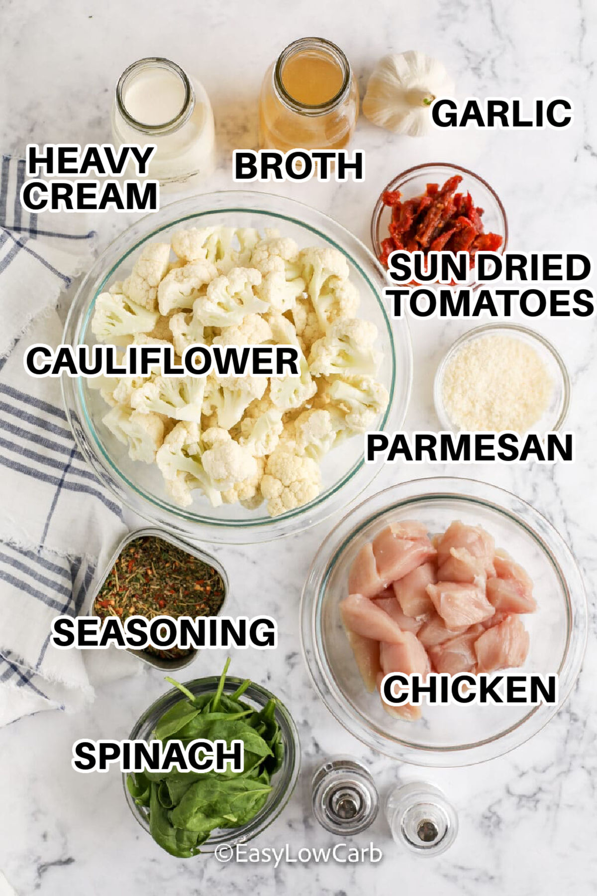 Creamy Tuscan chicken skillet is a weeknight dinner with bold flavor and simple steps. Chicken browns quickly, then finishes in a Parmesan cream sauce with sun-dried tomatoes and spinach. Cauliflower makes it a complete low carb skillet meal and soaks up the sauce without getting mushy. #easylowcarb labelled ingredients image for tuscan chicken