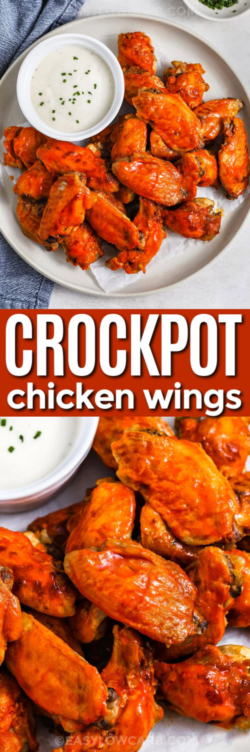 Slow cooker chicken wings are perfect when you want tender meat and a saucy finish with minimal effort. The wings cook in hot sauce, butter, and garlic, then get a quick broil to add browned edges and reduce that slow cooker softness. Drain well before broiling, and watch closely for even browning. Store leftovers in the fridge and reheat under the broiler to re-crisp. #easylowcarb Crockpot Chicken Wings on a plate and close up photo with a title