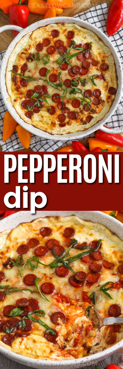 Make this pepperoni dip when you want pizza flavor without the fuss. The creamy base combines ricotta, cream cheese, Italian seasoning, and garlic powder, then bakes under marinara, mozzarella, and parmesan until melted and bubbly. Mini pepperoni spreads out perfectly for bite-sized flavor in every scoop. It is satisfying, protein-forward, and great with crunchy veggie dippers. #easylowcarb Pepperoni Dip in a bowl and close up photo with a title