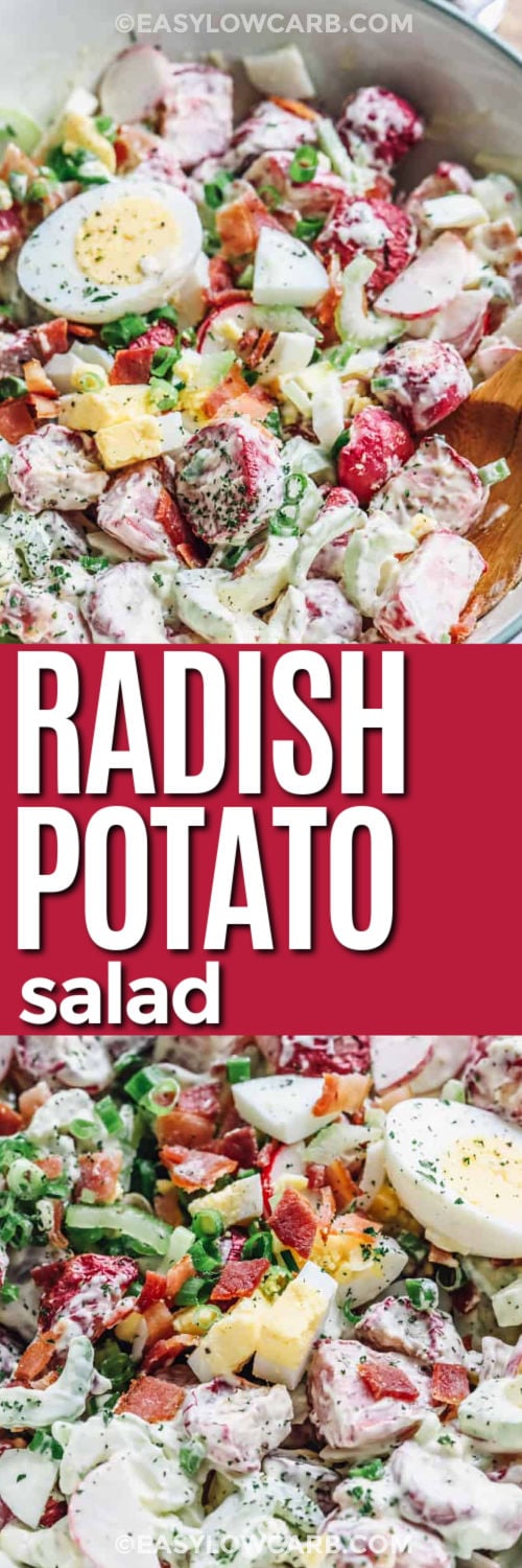 Radish potato salad is the perfect healthy swap when you crave creamy comfort food. Oven-roasted radishes replace potatoes and soak up a smooth mustard mayo dressing with garlic and pepper. Crisp celery, fresh green onions, salty bacon, eggs, and tangy pickles make each bite hearty and full of flavor. It is a great side for grilled meats, summer meals, and holiday spreads when you want something lighter without giving up that classic taste everyone loves. #easylowcarb creamy Radish Potato Salad plated and bottom photo close up with a title