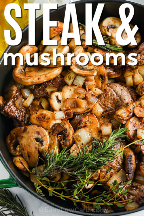 Steak and mushrooms is the ultimate comfort-food dinner made easy in one Dutch oven. Round steak is pounded for tenderness, seared for flavor, then braised low and slow in beef broth with mushrooms, onion, thyme, and Worcestershire. The cooking liquid turns into a rich mushroom gravy that is perfect over mashed cauliflower, cauliflower rice, or roasted vegetables for a satisfying low carb meal. #easylowcarb pot of Steak and Mushrooms with a title