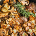 Steak and Mushrooms with onions in a pot with a title