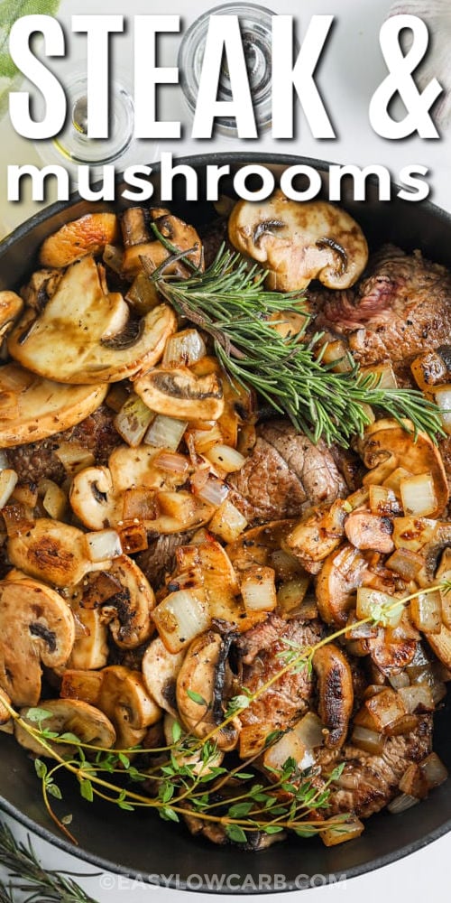 This steak and mushrooms recipe is a smart way to make budget-friendly round steak taste restaurant-worthy. A quick sear builds deep flavor, then the oven braise makes the meat fork-tender while mushrooms and onions melt into the sauce. Finish with a simple thickener for a silky mushroom gravy, and serve with roasted radishes or a crisp salad for an easy weeknight dinner. #easylowcarb Steak and Mushrooms with onions in a pot with a title