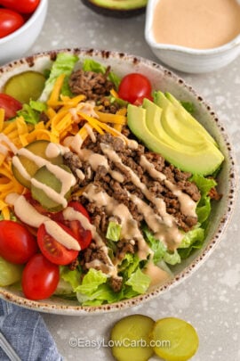close up of Cheeseburger Bowl with dressing