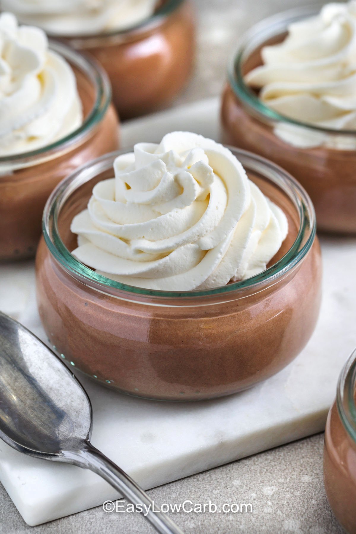 This cottage cheese chocolate mousse is a simple 3-ingredient chocolate mousse that fits a low carb plan without sacrificing flavor. Cottage cheese adds protein and a creamy base, while cocoa brings a bold chocolate taste. Use a powdered sweetener so it dissolves without grit, then blend until glossy and smooth. After a short chill, it becomes thick and spoonable, perfect for meal prep jars. #easylowcarb Cottage Cheese Chocolate Mousse with whipped cream