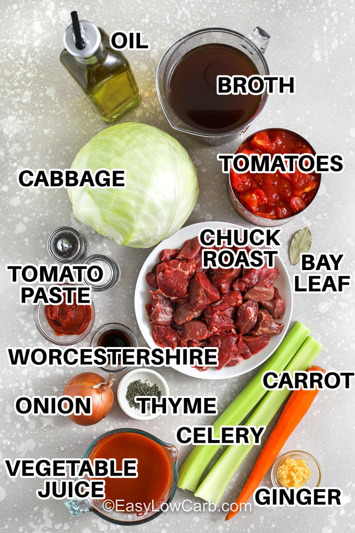 Beef and cabbage soup is the kind of comfort food that tastes like it simmered all day. Sear the beef for deep flavor, then simmer with broth, tomatoes, vegetable juice, and herbs until the meat is fork-tender. Add cabbage last so it stays tender and satisfying. This beef cabbage soup is freezer-friendly and reheats well, making it ideal for weeknight dinners and lunches. #easylowcarb oil , broth , cabbage , tomatoes , tomato paste , worcestershire , onion , thyme , vegeatbale juice , thyme , celery , ginger , carrot , bay leaf , chuck roast with labels to make Beef and Cabbage Soup