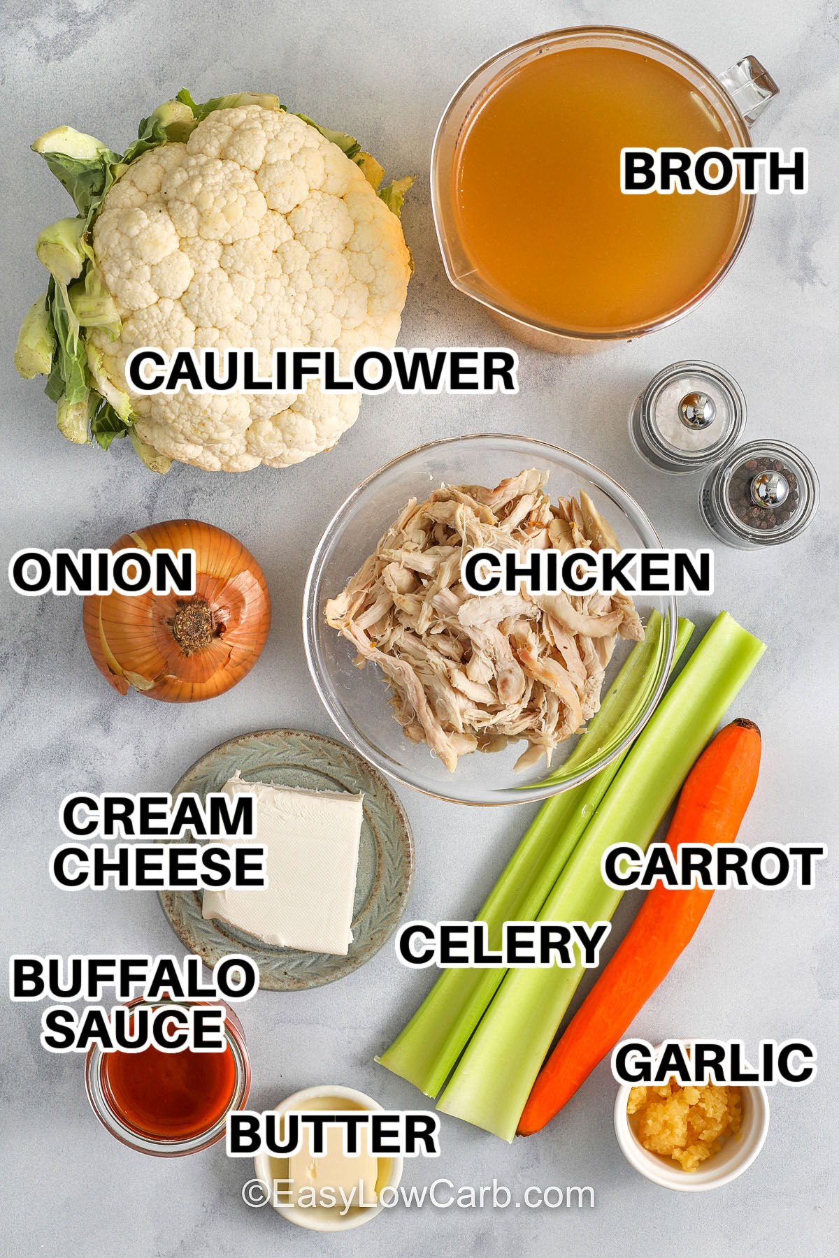 This buffalo chicken soup is the cozy answer to buffalo cravings. Cauliflower and cream cheese create a smooth, thick base that feels indulgent while staying low carb. Simmer with onion and celery for depth, then fold in shredded chicken and buffalo sauce just until heated through. Finish with blue cheese crumbles or cheddar and green onions for the perfect creamy, tangy bite. #easylowcarb broth , cauliflower , onion , chicken , cream cheese , buffalo sauce , butter , celery , carrot , garlic with labels to make Buffalo Chicken Soup