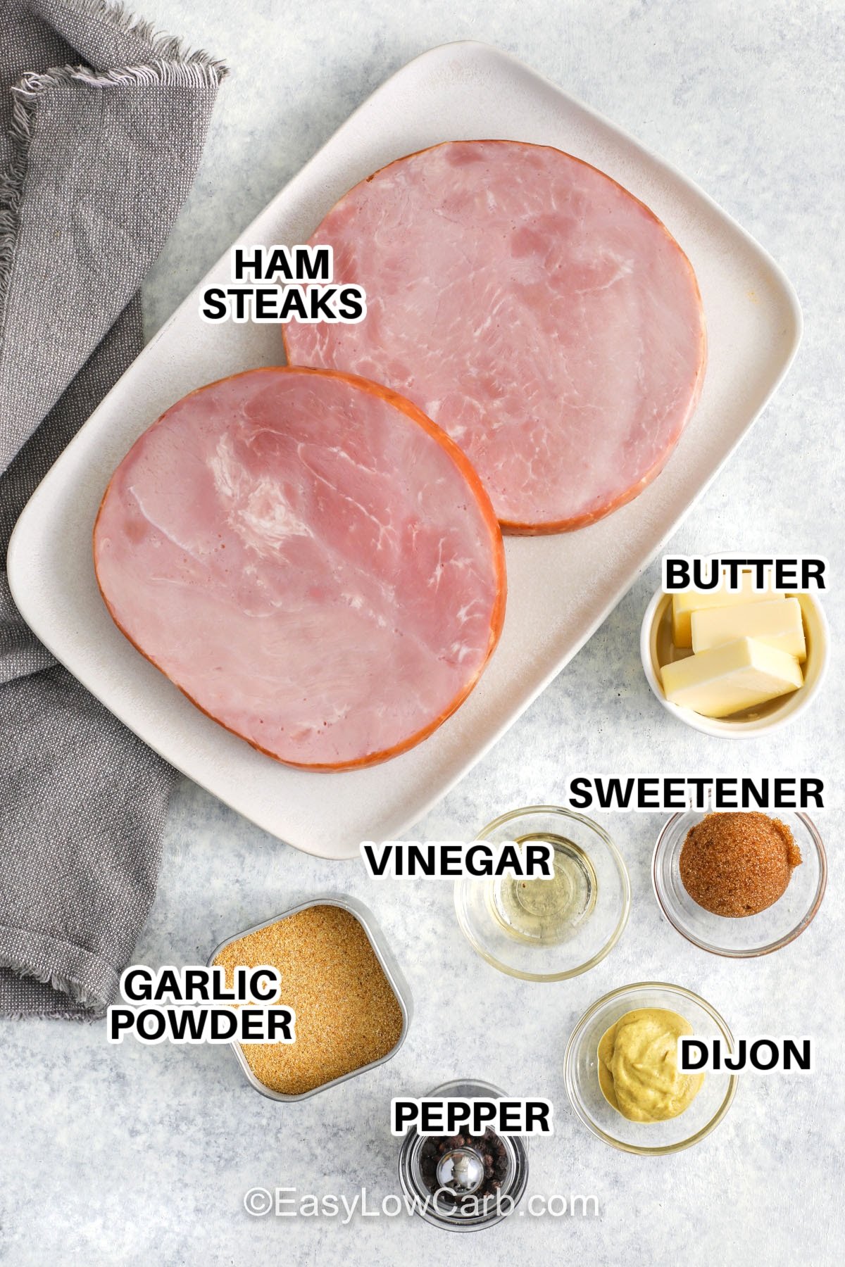 If you like sweet savory dinners, this ham steak recipe is a keeper. The skillet method creates light browning, then a buttery Dijon glaze sweetened with low carb brown sugar alternative melts on top and becomes shiny. The sauce is simple, but it tastes layered thanks to vinegar and garlic powder. It is perfect for meal prep because leftovers stay flavorful and reheat gently in a pan with a splash of water. #easylowcarb ham, butter, brown sugar sweetener, vinegar, dijon, garlic powder, pepper with labels to make Ham Steak