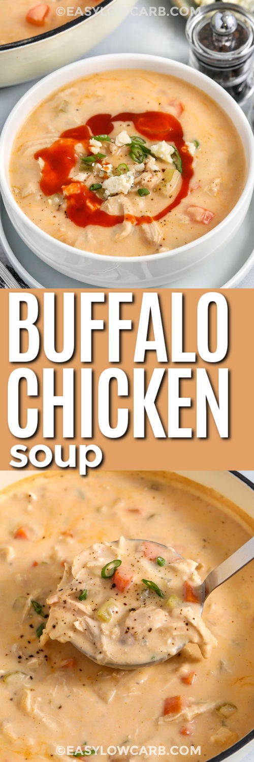 If you love spicy comfort food, buffalo chicken soup is a weeknight win. The cauliflower puree makes the soup thick and velvety, and it keeps the recipe low carb without extra thickeners. Shredded chicken turns it into a filling meal, and buffalo sauce brings the tangy kick. Serve with cheddar or blue cheese and a handful of green onions for a bright, savory topping. #easylowcarb Buffalo Chicken Soup in the pot and plated with a title