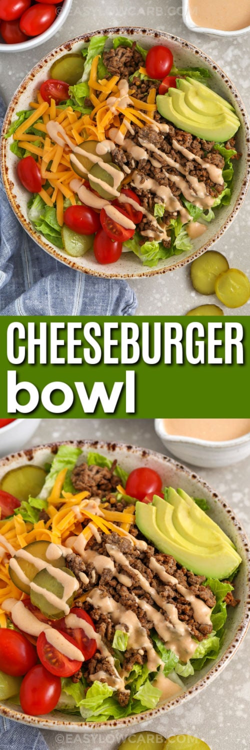 This keto cheeseburger bowl is made for busy nights and meal prep lunches. Cook the seasoned beef in one skillet, then build bowls with crisp lettuce, shredded cheddar, pickles, and juicy cherry tomatoes. The burger sauce dressing is creamy and tangy with mayo, Greek yogurt, sugar-free ketchup, mustard, and pickle juice. Store the components separately so the lettuce stays crunchy until serving. #easylowcarb Cheeseburger Bowl in a bowl with dressing over top and close up photo with a title