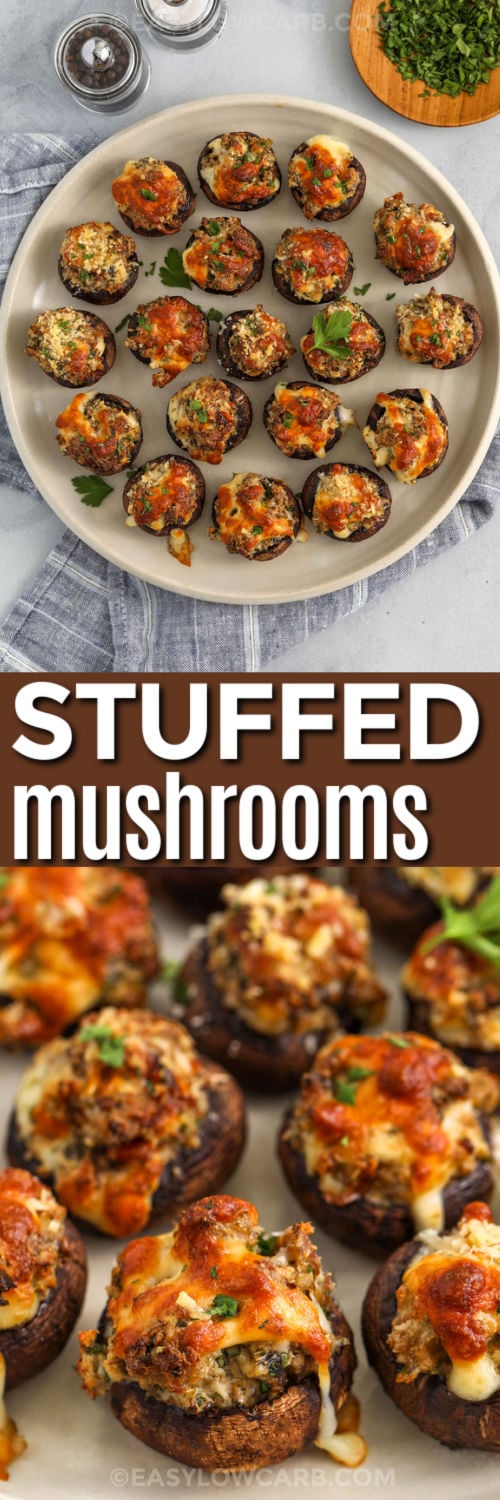Keto Stuffed Mushrooms on a plate and close up photo with a title