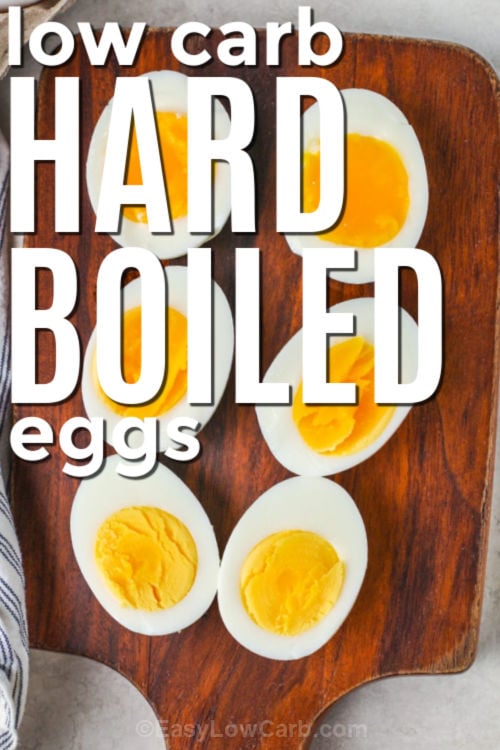 Easy hard boiled eggs are a dependable low carb staple for snacks, salads, and meal prep. This method uses a brief boil followed by a covered rest off the heat, which helps the whites stay tender and the yolks set up creamy. Finish with an ice bath to stop cooking quickly and improve peeling. Use the timing notes to make hard yolks or stop earlier for jammy eggs. #easylowcarb low carb Hard Boiled Eggs with writing