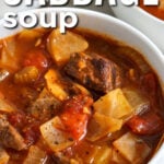 bowls of Beef and Cabbage Soup with writing