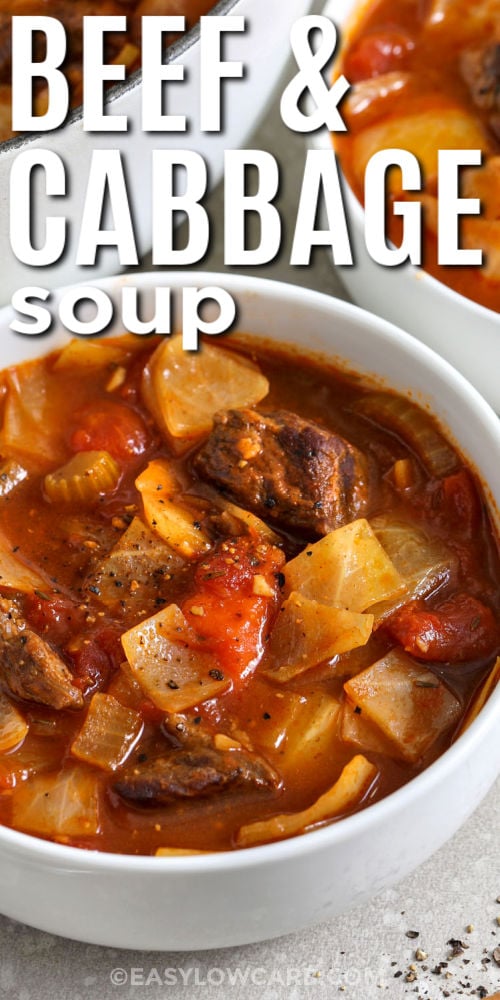 This beef and cabbage soup has a rich tomato-beef broth with savory Worcestershire and thyme. Searing the beef first builds deep flavor, then the soup simmers mostly hands-off until the meat is tender. Vegetable juice adds quick all-day taste, and cabbage makes the bowl filling while staying low carb. Portion leftovers for easy lunches, and reheat gently on the stove or in the microwave. #easylowcarb bowls of Beef and Cabbage Soup with writing
