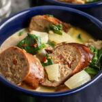 close up of Creamy Italian Sausage Soup in a blue dish