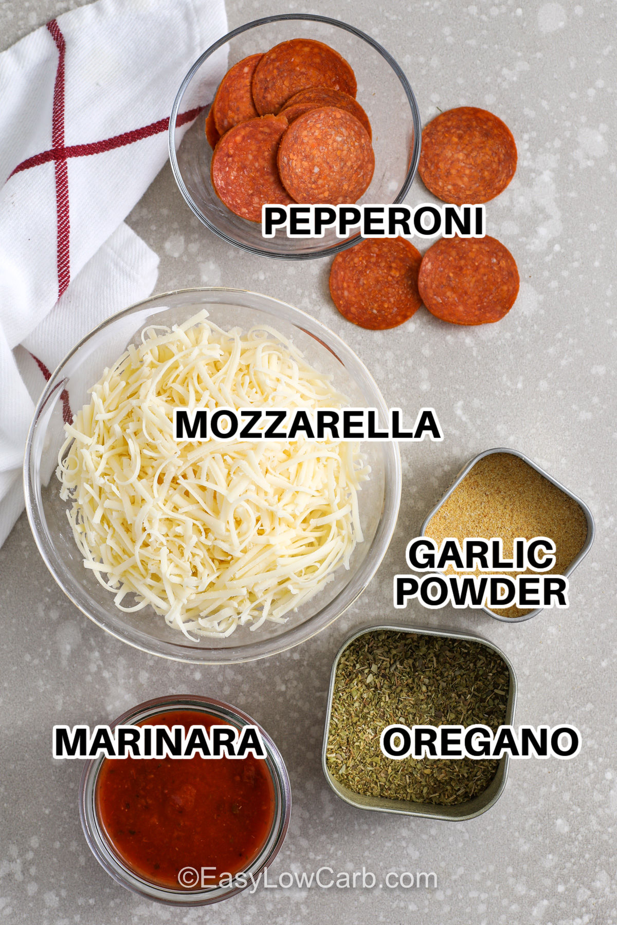 Baked pizza chips turn shredded mozzarella into crispy rounds topped with pepperoni and herbs. Oregano or Italian seasoning gives that familiar pizza taste, and garlic powder adds a savory boost without extra work. Bake on parchment for easy removal, then cool on the pan so the chips set up crunchy. Serve with low carb marinara sauce for dipping, and add crushed red pepper for extra heat if you like. #easylowcarb pepperoni , mozzarella , garlic powder , oregano and marinara sauce with labels to make Pizza Chips