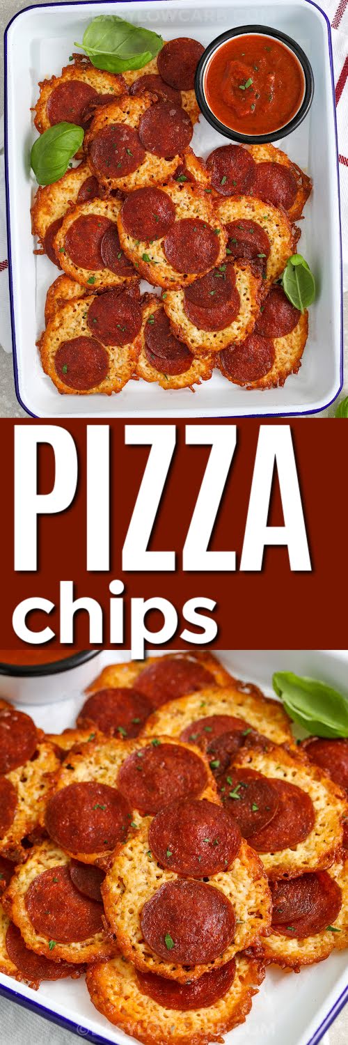 Pizza chips are the easiest way to get pepperoni pizza flavor without the crust. Finely shredded mozzarella melts into little rounds and bakes until the edges turn golden and lacy. Top each mound with pepperoni, garlic powder, and oregano or Italian seasoning, then cool on the pan so they crisp up. Serve with low carb marinara sauce for dipping and a snack that feels fun, crunchy, and satisfying. #easylowcarb Pizza Chips on a plate and close up with a title