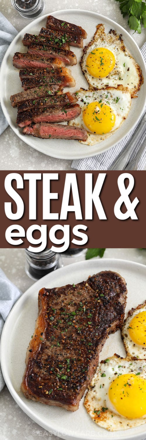 A steak and eggs breakfast is one of the easiest ways to make a filling high protein breakfast at home. This version uses simple ingredients and one skillet, with pan seared steak rested and sliced before serving with eggs cooked to your liking. Add mushrooms or sautéed spinach for a complete low carb plate that works just as well for brunch as it does for a quick dinner. #easylowcarb Steak and Eggs Breakfast on a plate and close up photo with a title