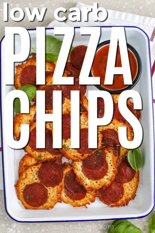 These low carb pizza chips bake up crisp and cheesy with almost no prep. Make small mounds of mozzarella on parchment, add two pepperoni slices, then sprinkle with oregano and garlic powder for that classic pizza taste. Bake just until browned around the edges, then let them cool so they firm into crunchy chips. Pair with warm low carb marinara for dipping, or serve on a snack board. #easylowcarb low carb Pizza Chips with writing