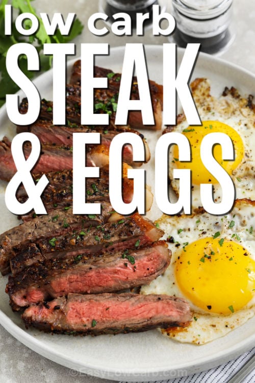 Make this easy steak and eggs breakfast when you want a low carb dish that feels rich, savory, and a little special. The steak is seasoned simply, seared in a hot skillet, and finished with butter before the eggs are cooked right in the pan. It is a practical high protein breakfast with steakhouse flavor, and it is easy to customize with spinach, avocado, or your favorite fried egg style. #easylowcarb low carb Steak and Eggs Breakfast with writing
