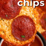 close up of dipping Pizza Chips in marinara with a title
