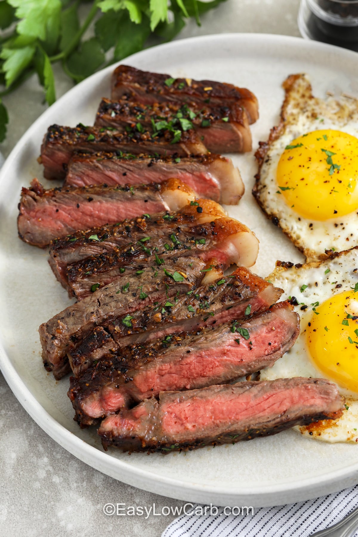 This easy steak and eggs breakfast turns a few basic ingredients into a breakfast that feels restaurant worthy. A hot cast iron skillet gives the steak a great crust, while butter adds richness and helps create the kind of pan flavor that makes the eggs even better. It is a low carb, high protein breakfast that comes together fast and works beautifully with avocado, spinach, or sautéed vegetables. #easylowcarb close up of Steak and Eggs Breakfast