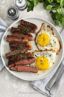 sliced Steak and Eggs Breakfast on a plate