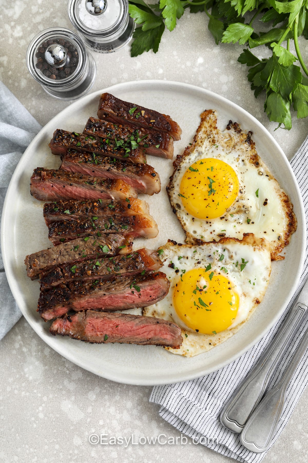 If you love a savory breakfast, this steak and eggs breakfast delivers bold flavor with very little effort. The steak is pan seared until juicy and tender, then paired with eggs for a classic high protein breakfast that is naturally low carb. It is a great choice for a slow morning, meal planning a hearty brunch, or making breakfast-for-dinner with a side of mushrooms or greens. #easylowcarb sliced Steak and Eggs Breakfast on a plate