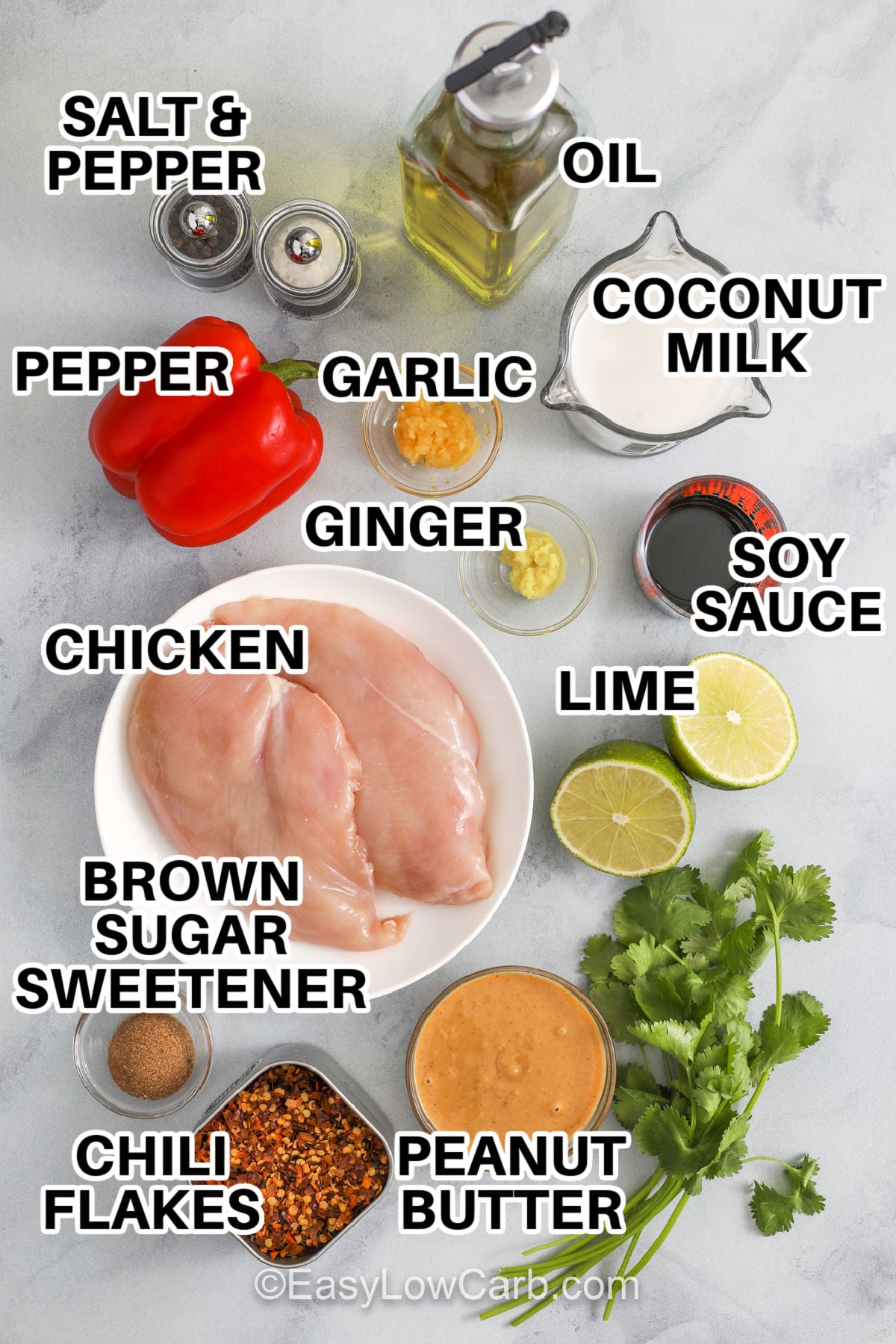 This low carb peanut chicken recipe is ideal for busy nights because it is quick, comforting, and built on pantry staples. Chicken breast, natural peanut butter, canned coconut milk, soy sauce, garlic, ginger, and lime create a smooth sauce with bold flavor in every bite. Add cilantro, crushed peanuts, and green onions before serving for a fresh finish that makes the whole dish feel brighter and more complete. #easylowcarb peanut butter, chili flakes , brown sugar sweetener , lime , soy sauce , ginger , garlic , pepper , coconut milk , oil , salt and pepper with labels to make Peanut Chicken