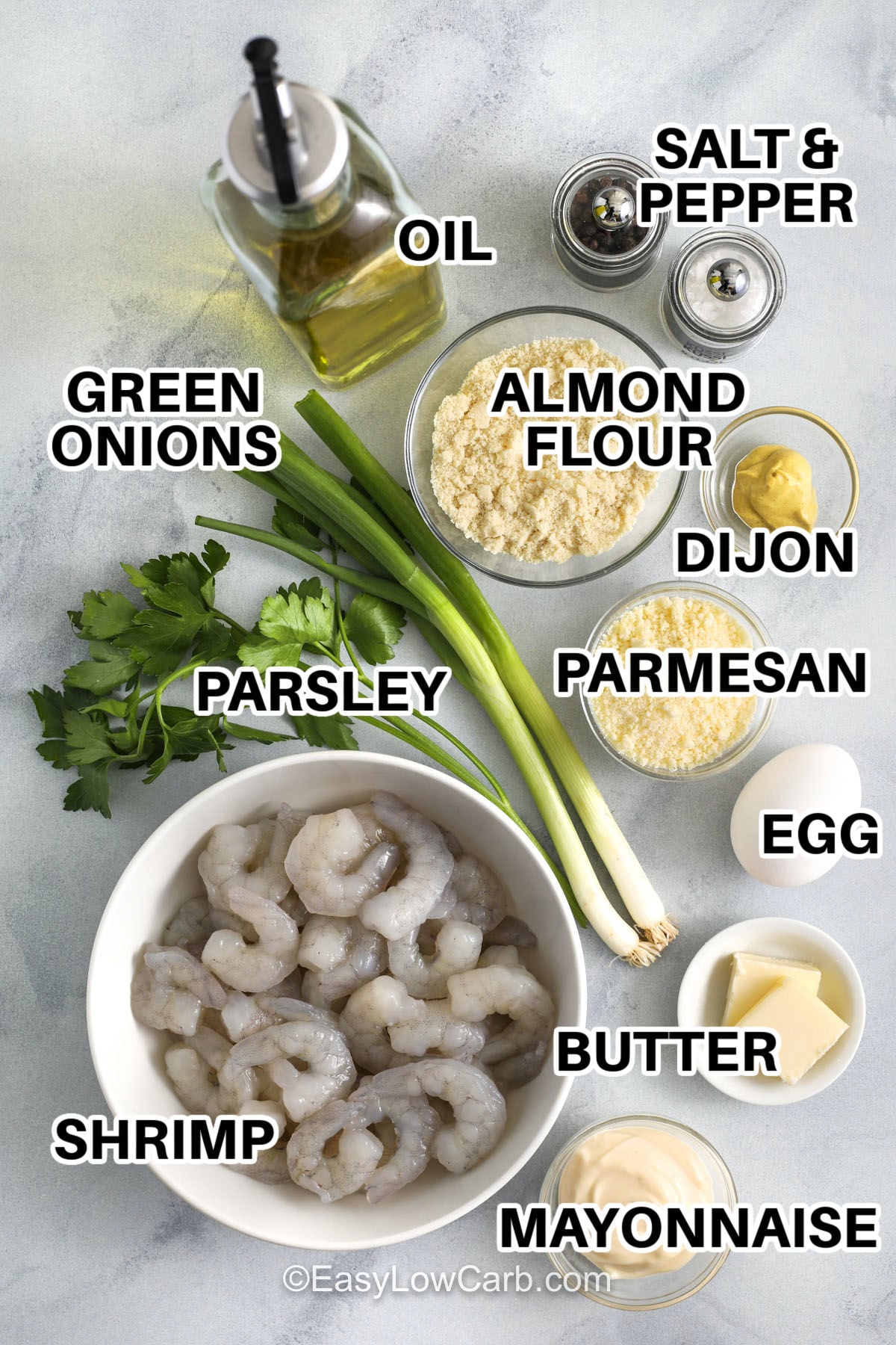 These shrimp cakes are ideal for meal prep, light dinners, or casual entertaining. They use chopped raw shrimp for the best texture and a simple mix of egg, mayonnaise, Dijon, herbs, and parmesan for balanced flavor. Pan-frying gives them that golden restaurant-style finish, and they reheat well for leftovers, especially when served with a crunchy salad or cool creamy sauce. #easylowcarb green onions , parsley , shrimp , oil , almond flour , dijon , parmesan , egg , butter , mayonnaise , salt and pepper with labels