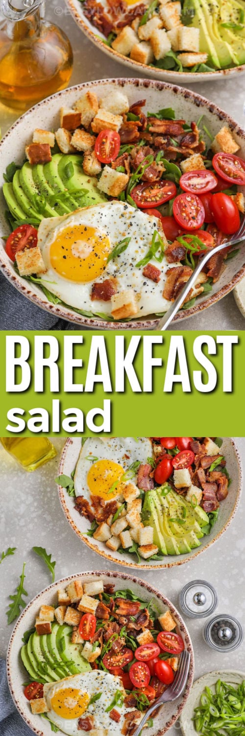 Breakfast salad is a light but filling low-carb option with eggs, bacon, and avocado. It comes together fast and uses simple ingredients. Oil and vinegar add a bright and tasty finish. This breakfast salad is perfect for quick mornings or easy lunches at home. It is a smart choice when you want something fresh without much effort. #easylowcarb top view of Breakfast Salad in bowls and close up photo with a title